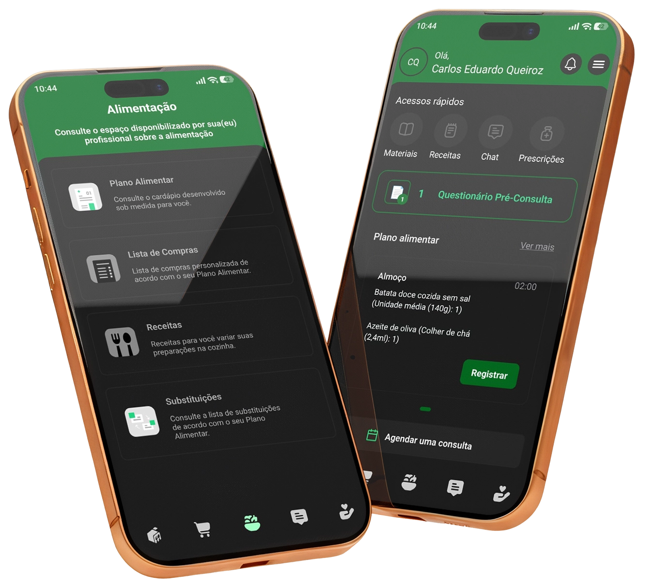 Telas do app Dietbox: plano alimentar e painel inicial de Carlos Eduardo Queiroz